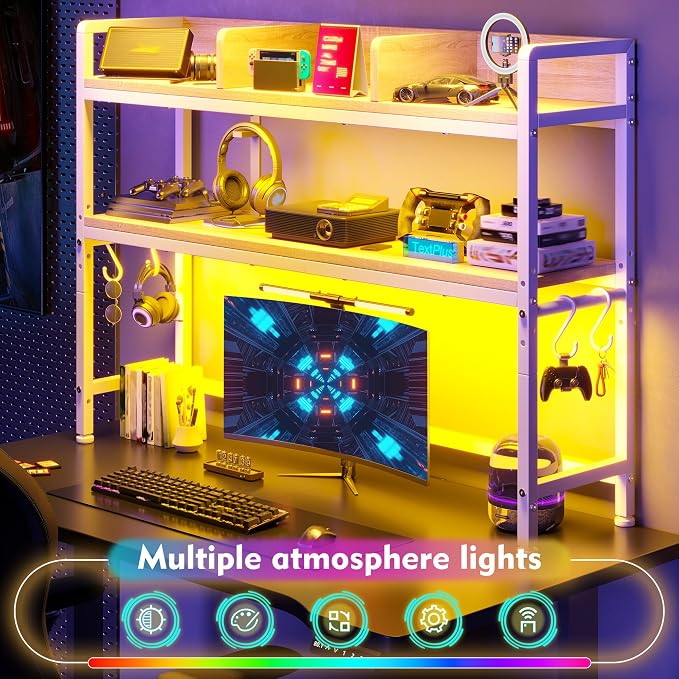 REIBII 45.2" Desk Shelf with LED Lights and Hooks, 2-Tier Adjustable - Image 6