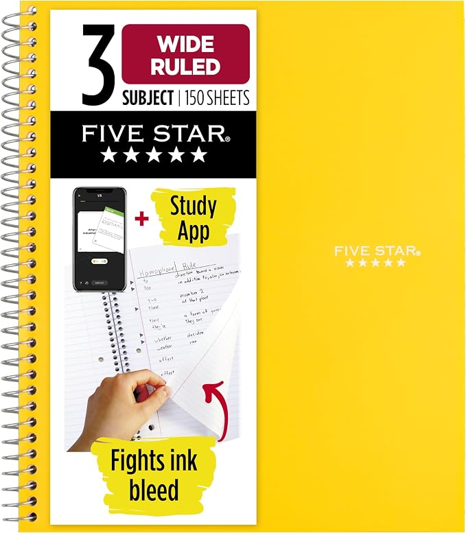 Five Star Spiral Notebook + Study App, 3 Subject, Wide Ruled Paper, 150 Sheets by FiveStar