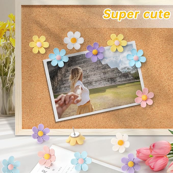 50Pcs Flower Push Pins, 5 Colors Fun Decorative Thumbtacks, Cute Push Pins - Image 3