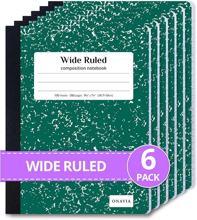 ONAVIA Composition Notebook Wide Ruled 6 Pack, 200 Pages, 9-3/4 x 7-1/2 by ONAVIA