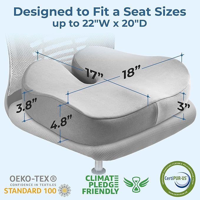 5 STARS UNITED Seat Cushion for Tailbone Pain Relief – Large Memory Foam Lifting Pillow for Coccyx, Hip, Sciatica & Post-Surgery Recovery – Wheelchair, Car, Desk, Gaming & Office Chairs, Light Gray-DeskLoop Office
