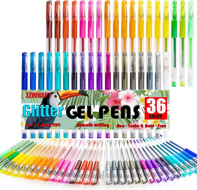 Glitter Gel Pens for Coloring Book,72 Color Gel Pens Set including 36 Color Gel Pen with 36 Refills,40% More Ink Colored Gel Pens for Drawing, Doodling, Scrapbook, Journaling-DeskLoop Office