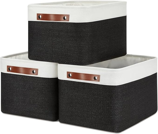 DULLEMELO Canvas Storage Bin with Handles, Fabric Bins for Shelves, Bedroom, Office,Nursery,Fabric Storage Baskets for Toys, Clothes,Gift(3-Pack Medium-15 inch X 11 inch X 9.5 inch , White&Black)-DeskLoop Office