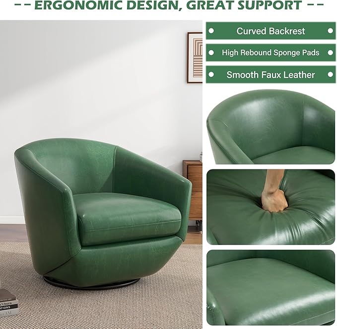 UIXE Faux Leather Swivel Accent Chairs Set of 2, Barrel Chair Upholstered Club Armchair for Living Room, Comfy Single Sofa Bedroom Side Reading Seat - Green-DeskLoop Office