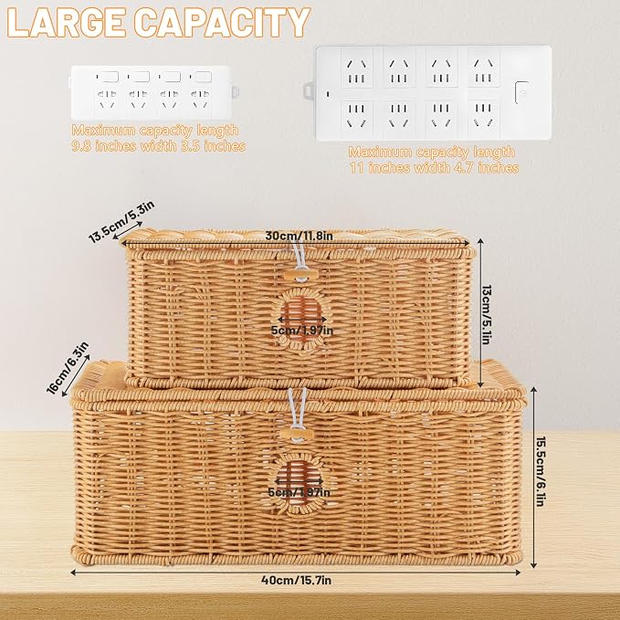 IHKFILAN 2 Pcs Handmade Cable Management Boxes Rattan Cable Organizer Large & - Image 4
