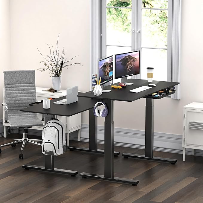 SHW 48-Inch Electric Height Adjustable Standing Desk with Drawer, Memory Preset and Cable Management Tray, Black-DeskLoop Office