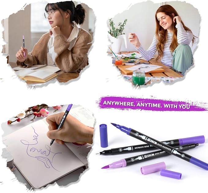 Purple Duo Tip Marker Pens, 12 Pack Fine & Brush Markers - Image 7