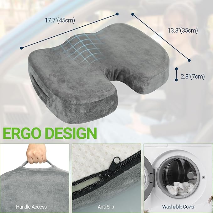 Gel Seat Cushion – Office Chair Cushion – Non-Slip Gel Memory Foam Coccyx Cushion for Tailbone Pain - Desk Chair Car Seat Cushion Driving - Sciatica Back Pain Relief, Velvet, Grey-DeskLoop Office