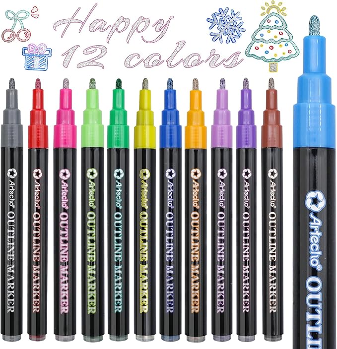 Artecho 12 Colors Self-Outline Metallic Markers, Professional Double Line by Artecho