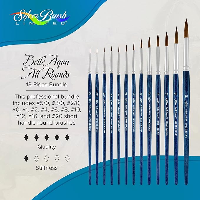 Silver Brush Limited BA-2750S BelleAqua Wet and Wild 13pc Professional Watercolor Brush Set, Soft Synthetic Red Sable Round Paint Brush Set, Sizes 5/0, 3/0, 2/0, 0, 1, 2, 4, 6, 8, 10, 12, 16, & 20-DeskLoop Office