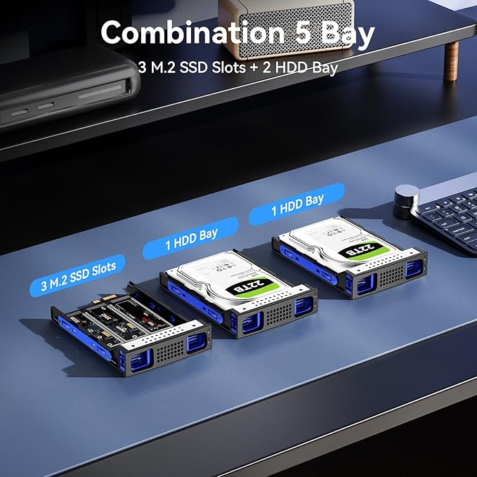 Hybrid 2*2.5/3.5" SATA HDD/SSD+3* M / B+M Key M.2 NVMe Enclosure with Cooling Fan and USB A/C 3.2 Gen 2, Hard Drive Enclosure Support 68TB(2*22TB HDD+3*8TB 2230/2242/2260/2280/22110 SSDs)-DeskLoop Office