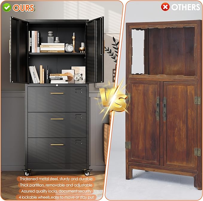 Aobabo Metal 3 Drawers Lateral File Storage Cabinet and Unit Adjustable Shelf Organizer, Steel Files Cabinet with Wheels, 2 Door Storage for Office Legal/Letter A4 Size, Assembly Required, Black-DeskLoop Office