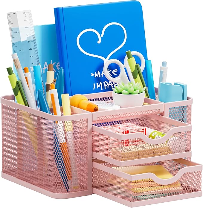 Marbrasse Mesh Desk Organizer, Pen Organizer with 2 Drawer, Multi-Functional Pencil Holder, Desk Organizers and Accessories with 5 Compartments + Drawer for Office Art Supplies (Pink)-DeskLoop Office