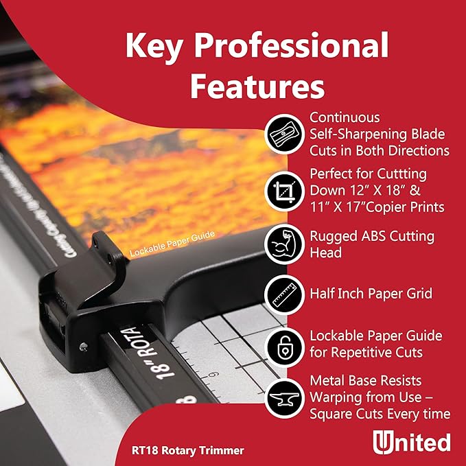 United Office Products RT18 Commercial Rotary Paper Trimmer, Sturdy Metal Base, 18" Cut Length, 15 Sheet Capacity, Paper Cutter for Offices, Schools and Crafts-DeskLoop Office