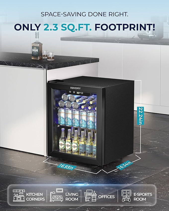 EUHOMY Beverage Refrigerator Cooler - 68 Can Mini Fridge with Glass Door for Soda, Beer, Wine, Small Refrigerator with Digital Temperature Control and Adjustable Shelves for Home Office Bar, 1.7 Cu.ft-DeskLoop Office