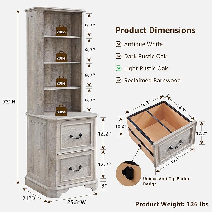 T4TREAM 6-Tier Bookcase with 2 File Drawers, 72" Tall Farmhouse Bookshelf with Storage & Adjustable Shelves, Wooden Floor Standing Display Book Shelf Organizer for Home Office, Light Rustic Oak-DeskLoop Office