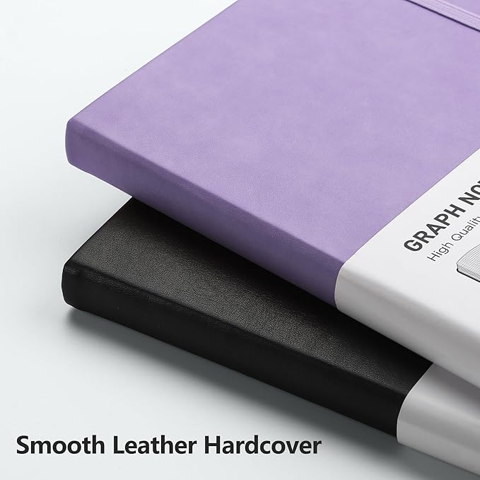 RETTACY Graph Grid Paper Notebook, 2-Pack, 192 Pages per Pack, A5 Medium Size (5.7'' x 8.3''), Leather Hardcover, 100 GSM Thick Paper, for School, Students, Math, Engineering (Black & Purple)-DeskLoop Office