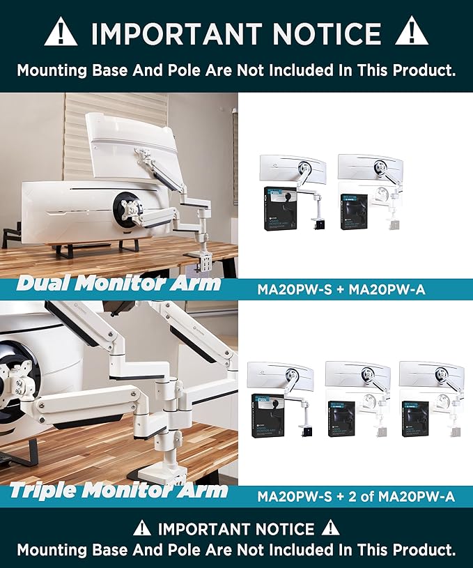 Heavy Duty Extension Arm [Accessory Only - Requires MA20PW-S Single Monitor Arm for Use] Dual 49" Vertical Stacked Monitor Mount Height Adjustable - 100x100 VESA Mount, White, MA20PW-A-DeskLoop Office