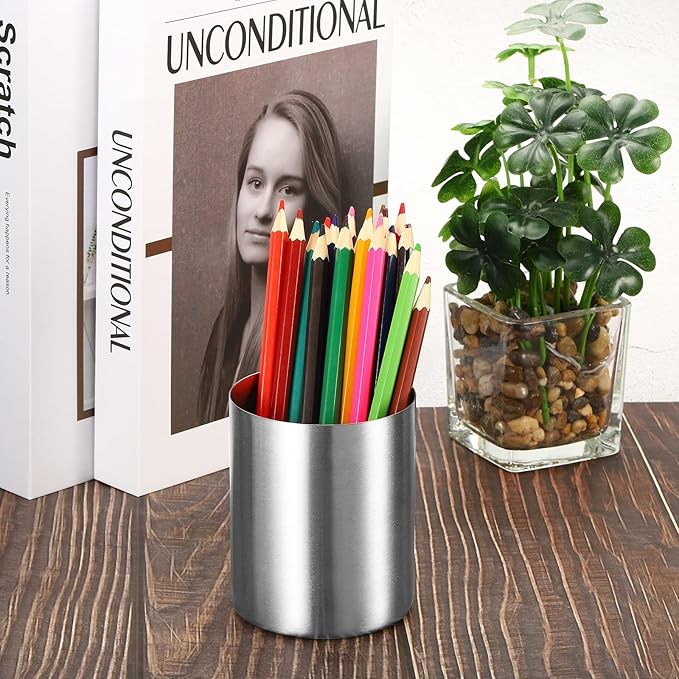 PATIKIL Pencil Holder, 3 Pack Pen Holder for Desk Stainless Steel Pencil Holders Cup Organizer Makeup Brush Holder for Desk Accessories, Silver-DeskLoop Office