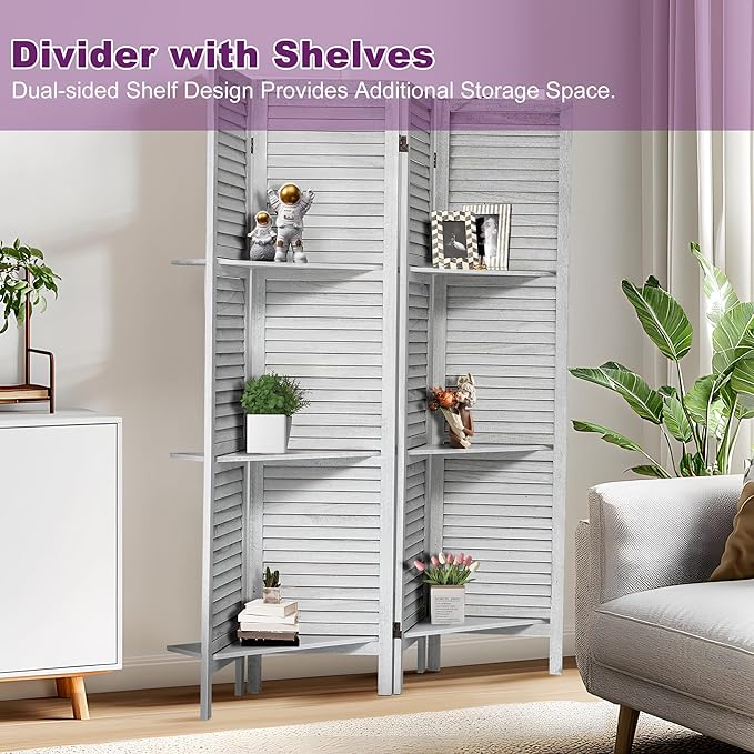 Room Divider with Shelves, 5.6FT Folding Room Divider Panel, 4 Panel Wood Partition Wall Divider for Room Separation, White-DeskLoop Office