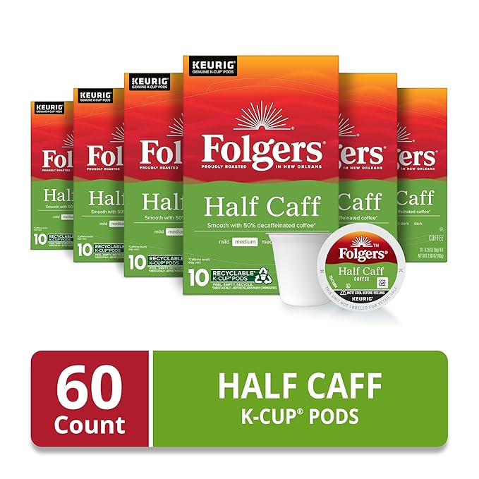 Folgers Half Caff Coffee, Medium Roast, Keurig K-Cup Pods, 10 Count (Pack of 6)-DeskLoop Office