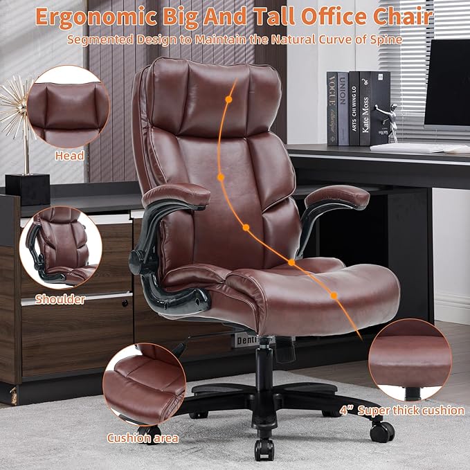 Big and Tall Office Chair 500lbs Wide Seat Executive Office Desk Chair High-Back Office Task Chair with Flip-Up Armrest, Ergonomic Lumbar Support Computer Office Chairs for Heavy People(Brown)-DeskLoop Office