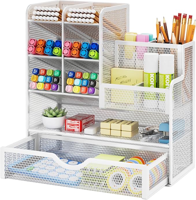 Marbrasse Mesh Pen Holder for Desk, Multi-Functional Pencil Organizer with Drawer, Desk Organizers and Accessories for Office Art Supplies (White)-DeskLoop Office