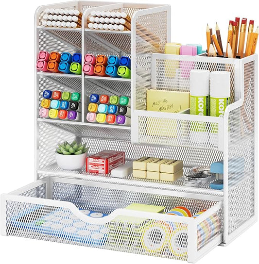 Marbrasse Mesh Pen Holder for Desk, Multi-Functional Pencil Organizer with Drawer, Desk Organizers and Accessories for Office Art Supplies (White)-DeskLoop Office