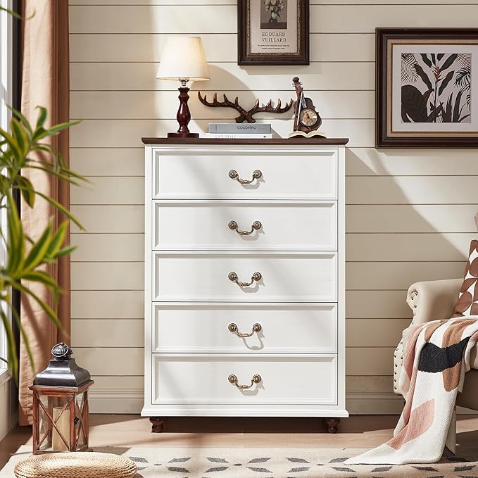 Farmhouse 5 Drawer Dresser for Bedroom, 45" Tall Rustic Chests of Drawers w/ 4 Solid Wood Feet, Mid Century Modern Wooden Closet Storage Dressers Organizer for Living Room, Hallway, White-DeskLoop Office