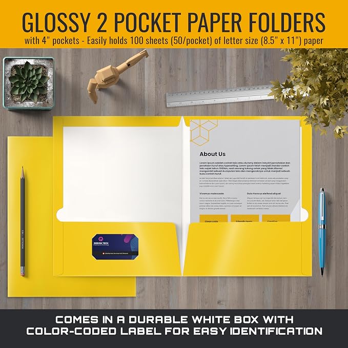 Better Office Products 2 Pocket Glossy Laminated Yellow Paper Folders, Letter - Image 4