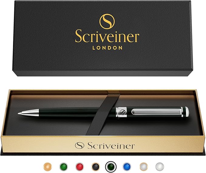 Scriveiner Black Green Ballpoint Pen - Black Green Luxury Pen, Chrome Finish, Schmidt Black Refill, Best Ball Pen Gift Set for Men & Women, Professional Executive Office, Nice Designer Pen-DeskLoop Office