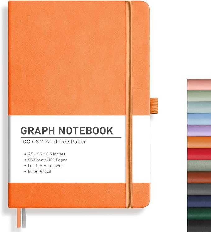 RETTACY Graph Grid Paper Notebook, 192 Pages, A5 Medium Size (5.7'' x 8.3''), 5 Squares per Inch, Leather Hardcover, 100 GSM Thick Paper, for School, Students, Math, Engineering (Orange)-DeskLoop Office
