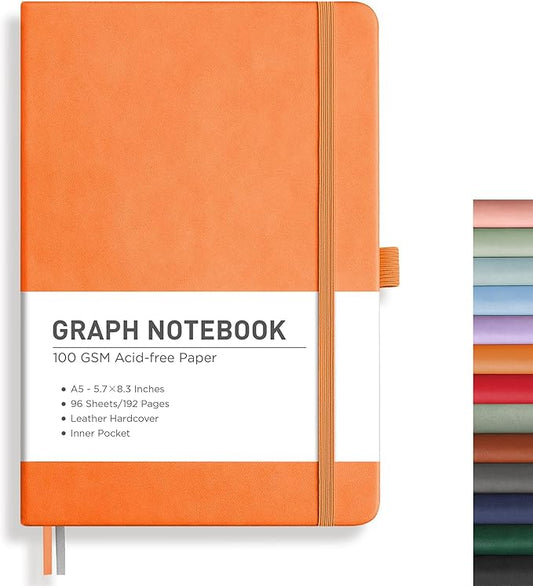 RETTACY Graph Grid Paper Notebook, 192 Pages, A5 Medium Size (5.7'' x 8.3''), 5 Squares per Inch, Leather Hardcover, 100 GSM Thick Paper, for School, Students, Math, Engineering (Orange)-DeskLoop Office