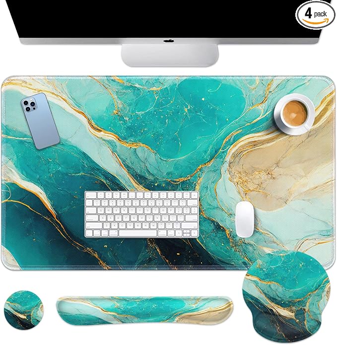 Britimes Green and Gold Marble Keyboard Mouse Pad Set 4in1 Large by Britimes