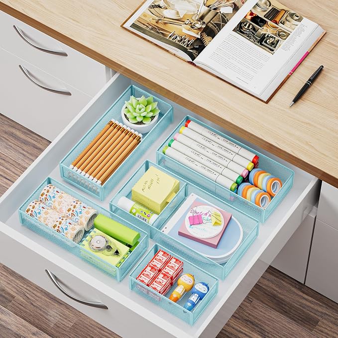 Marbrasse 5 Pack Desk Drawer Organizer Set, Mesh Drawer Storage Trays - Image 6