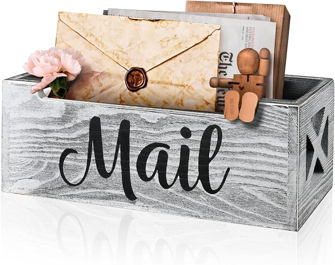 Mail Organizer Holder Countertop, Rustic Wood Mail Basket Storage Tray Letter by Botop