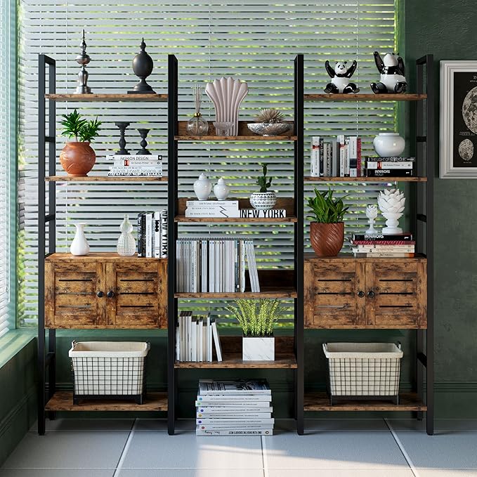 IRONCK Industrial Bookshelf and Bookcase with 2 Louvered Doors 5 Tiers Triple Wide Display Shelf with Storage Cabinet for Living Room Home Office-DeskLoop Office