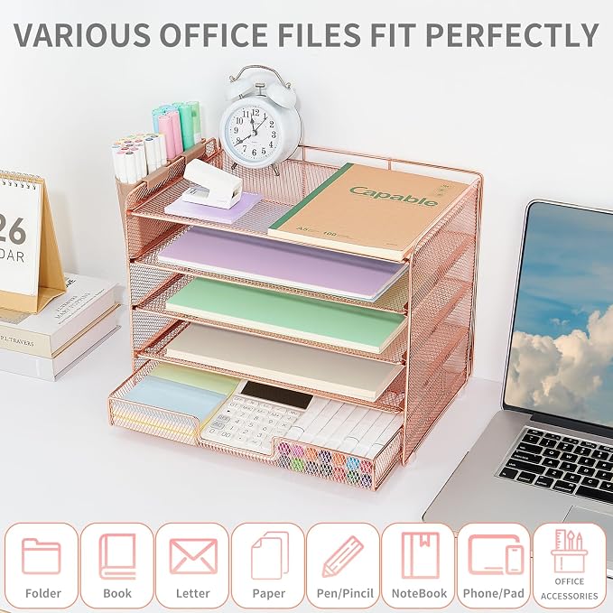 LEKETREE Desk Organizer and Accessories, 5-Tier Paper Letter Tray Organizer - Image 4