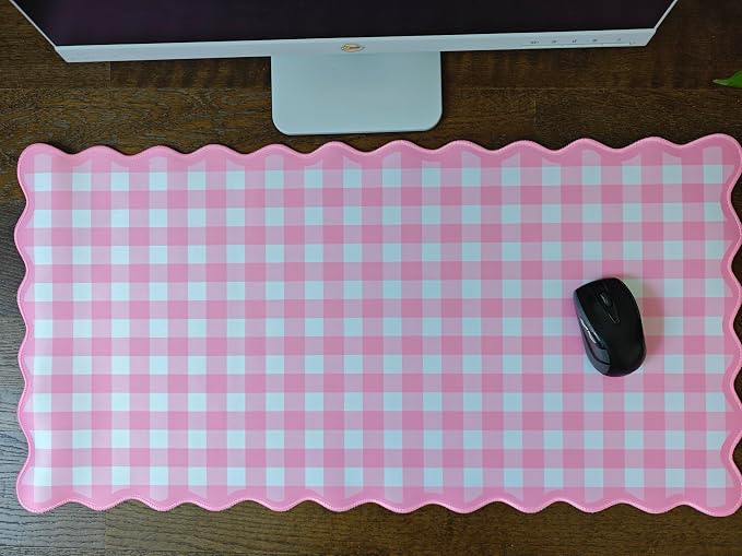 Scalloped‌ Pink Checkered Gingham Desk Mat Cute Pastel Large Mouse Pad Kawaii - Image 6