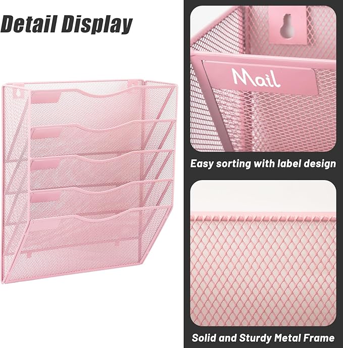 EASEPRES 5 Pocket Mesh Hanging Wall File Organizer, Wall Mounted Mail Paper Document Folder Holder, Clipboard Storage Organization Magazine Rack with Nametag Label for Office Home School, Pink-DeskLoop Office