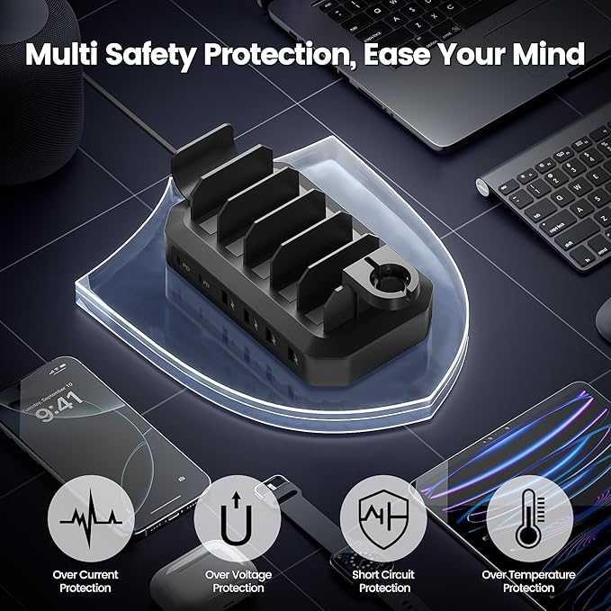 190W Fast Charging Station for Multiple Devices【Efficient & Safe Charging】 6 Port USB Charger Station - Family Multi-Device Organizer Charging Dock Compatible with iPhone/Android/MacBook/iPad/Tablet-DeskLoop Office