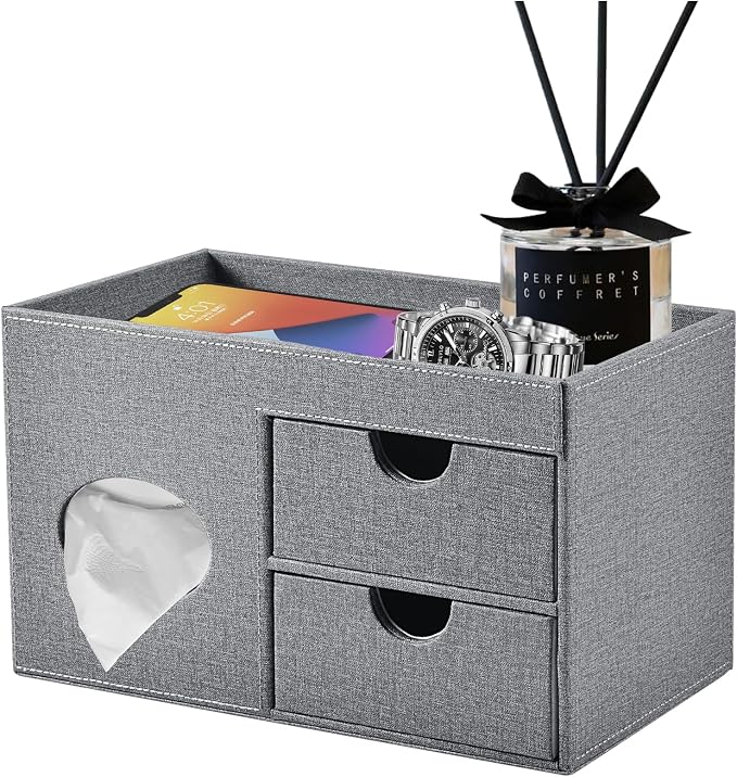 Square Tissue Box Cover with Drawers, Tissue Box Holder with Storage Tray by RHCSZ