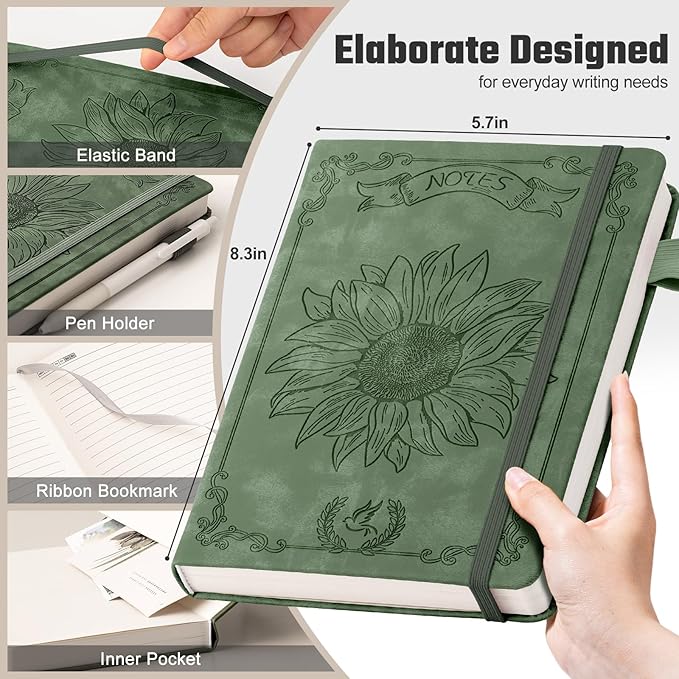 Sunflower Journal for Girls Women Journals for Writing 100GSM College Ruled A5 Leather Notebook for Girls Ages 8-12 Flower Diary with Heart-shaped Shadow, 5.7" x 8.3", Green-DeskLoop Office