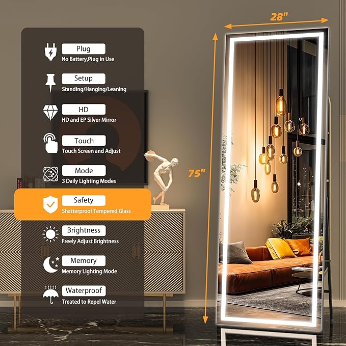 Hasipu Full Length Mirror with Lights, 75" x 28" LED Lighted Floor Standing, Full Body Dressing Hanging Mounted Mirror, Dimmable, Tempered Glass, Safe to Use, Square Black-DeskLoop Office