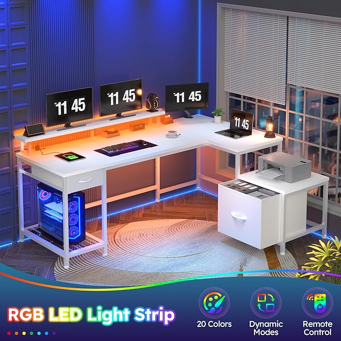 L Shaped Computer Desk with Drawers, Gaming Desk with LED Lights & Monitor Shelf, Office Desks with Power Outlets, Corner Desks for Home Office, Study Room and Bedroom, White-DeskLoop Office