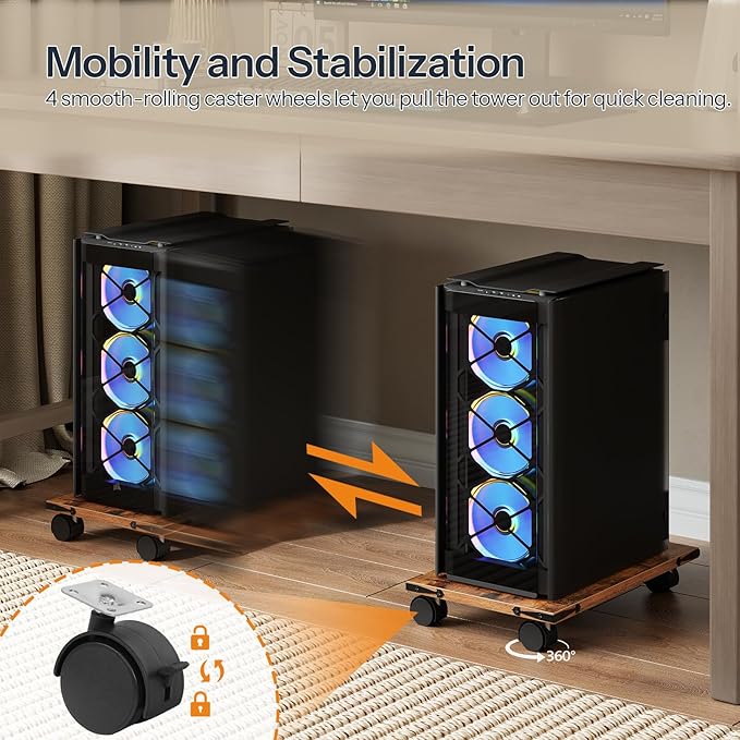 HOOBRO Mobile PC Stand, Ventilated Computer Tower Stand, PC Tower Holder with 4 Caster Wheels, CPU Holder Under Desk Fits Most Computer Host, for Office, Gamers, Rustic Brown BF46CJ01-DeskLoop Office