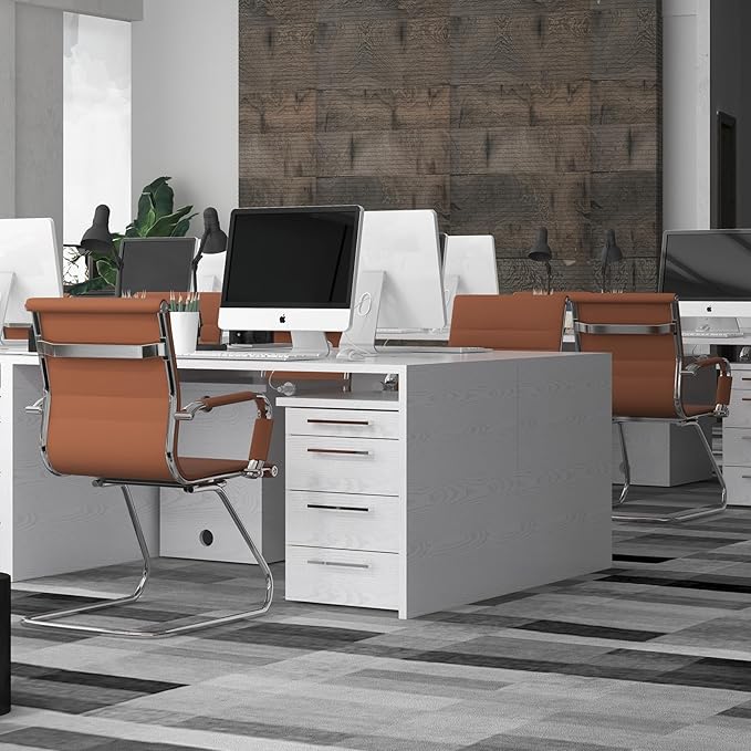 Office Desk Chair No Wheels Set of 4 PU Leather Computer Chairs Mid Back Guest Chairs for School Reception Conference Waiting Room, Cafe-DeskLoop Office