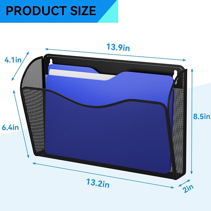GDINDINFAN 6 Single Pocket Wall File Holder, Mesh Hanging File Folder Paper - Image 3