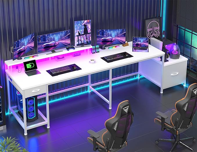 L Shaped Computer Desk with Drawers, Gaming Desk with LED Lights & Monitor Shelf, Office Desks with Power Outlets, Corner Desks for Home Office, Study Room and Bedroom, White-DeskLoop Office