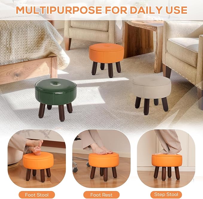 13in Small Foot Stool Ottoman, Round Faux Leather Foot Rest for Couch, Under Desk Pouf Footstool Footrest with Non-Skid Rubber Legs for Ling Room, Bedroom, 13''L x 13''W x 10.2''H, Orange-DeskLoop Office